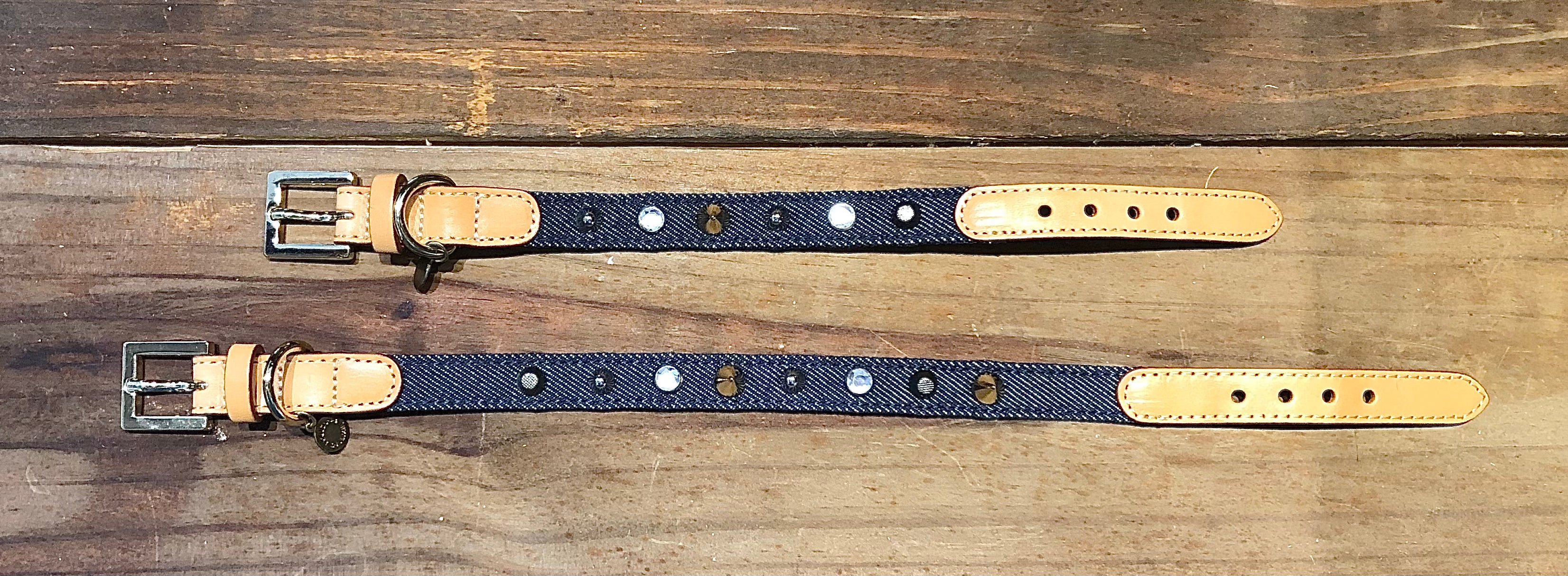 Denim Leather Stud Collar Leash Set