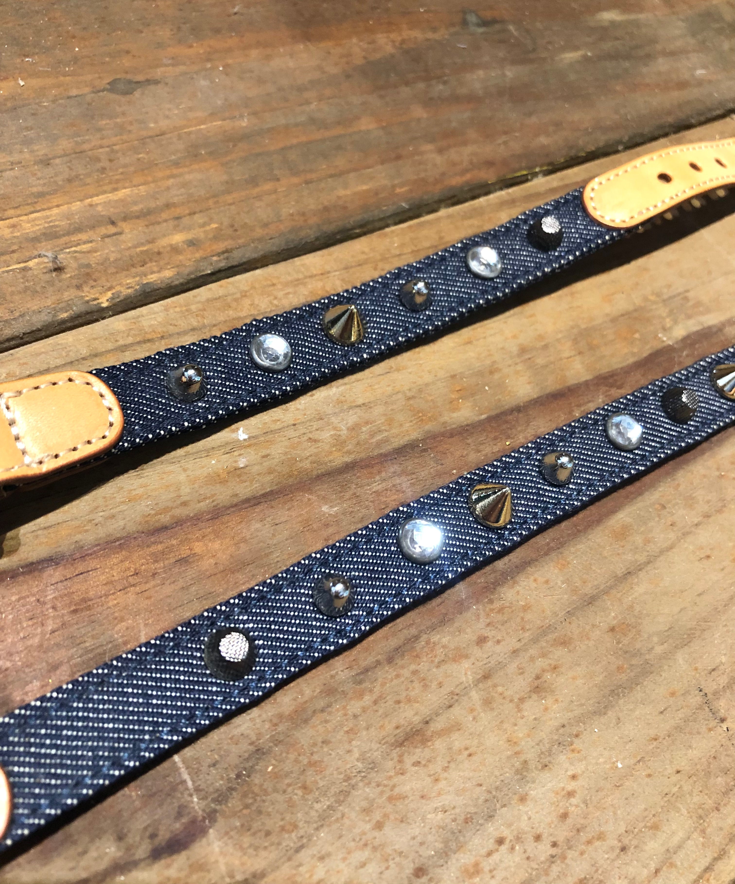 Denim Leather Stud Collar Leash Set