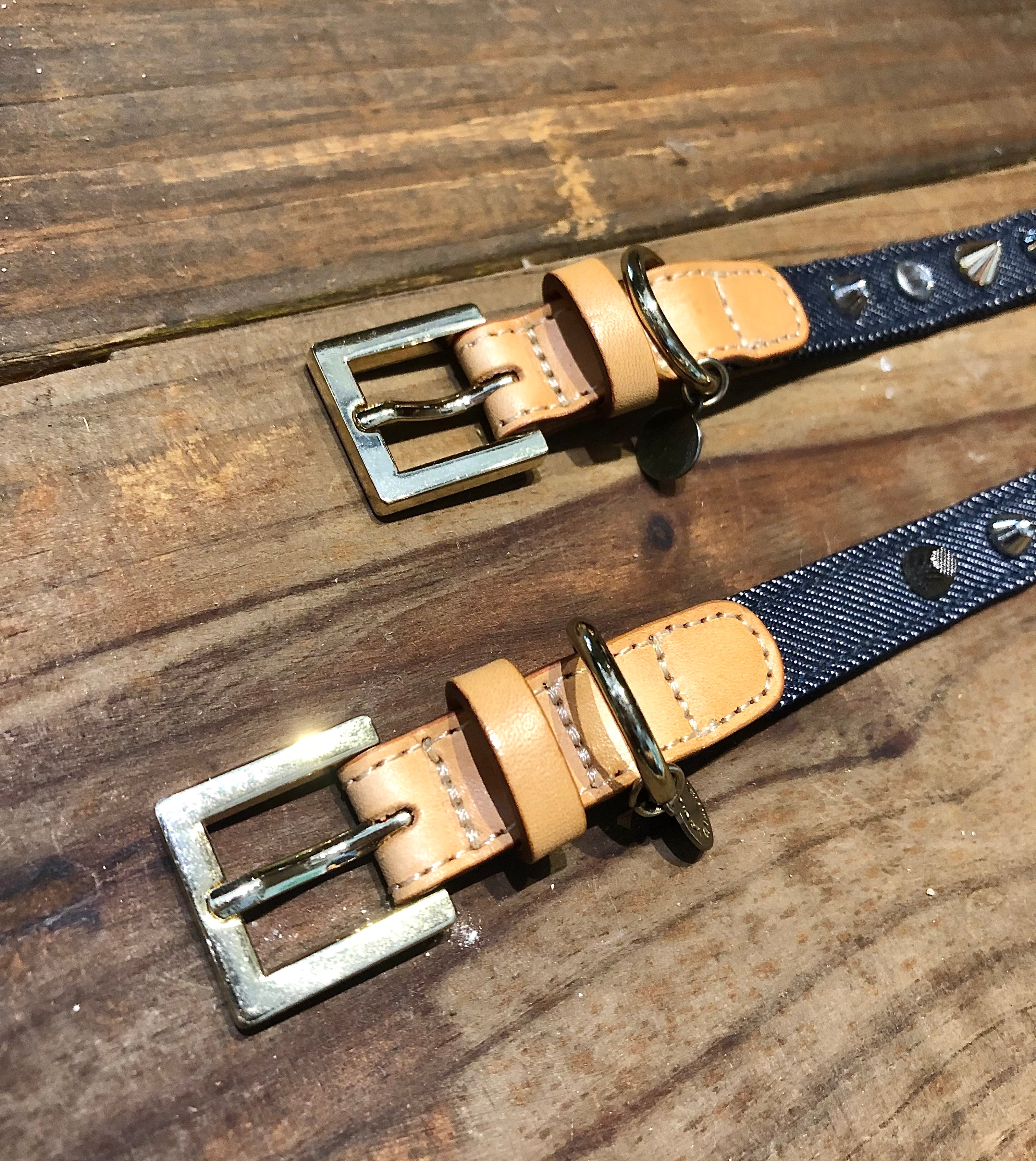 Denim Leather Stud Collar Leash Set
