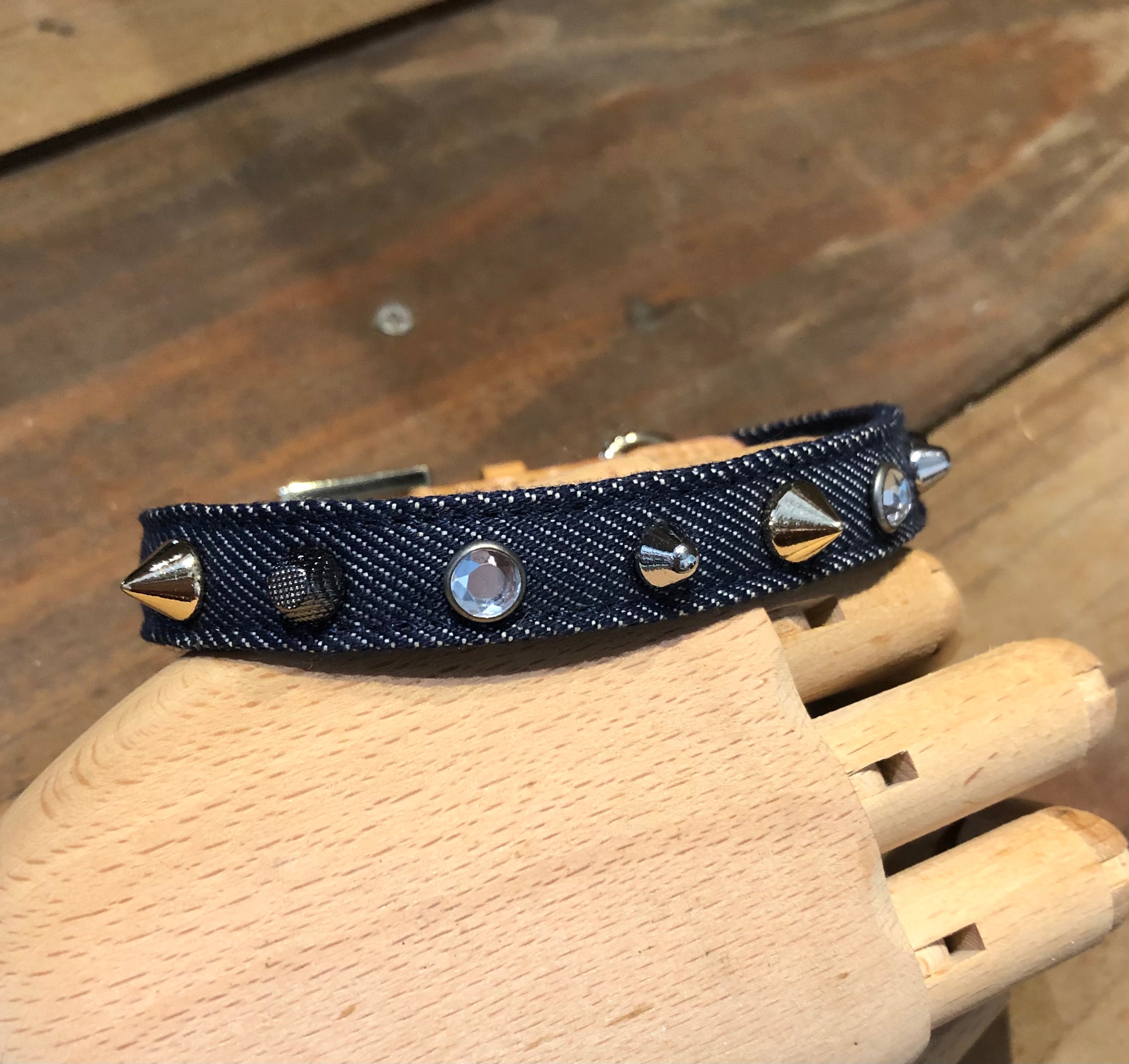 Denim Leather Stud Collar Leash Set